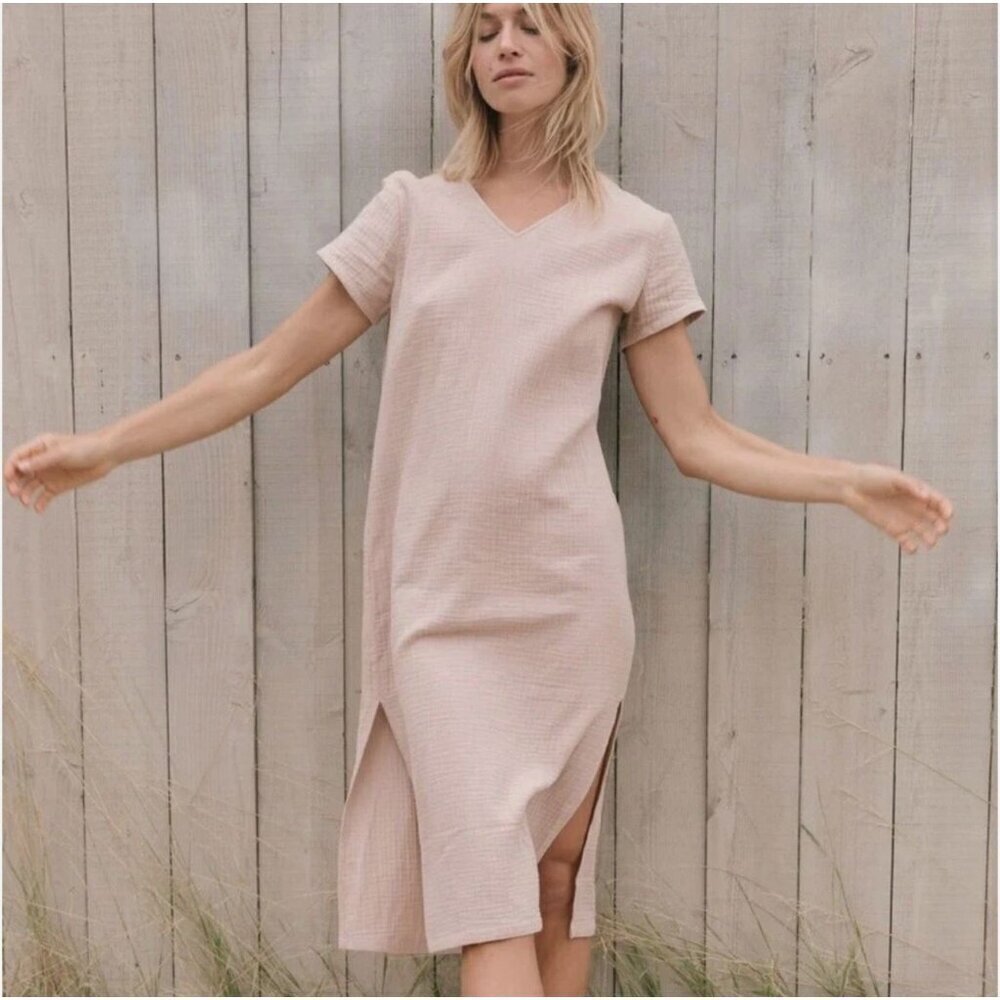 JENNI KAYNE Cypress Caftan Cotton Gauze Dress Rose Pink Small Short Sleeve Midi